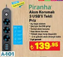 PİRANHA AKIM KORUMALI 3 USB'Lİ TEKLİ PRİZ